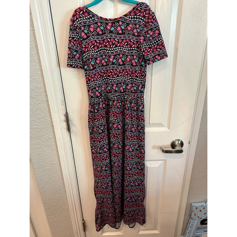 DotDotSmile Maxi Dress Black Pink Floral Geometric Boho Short Sleeve Girls 8/10